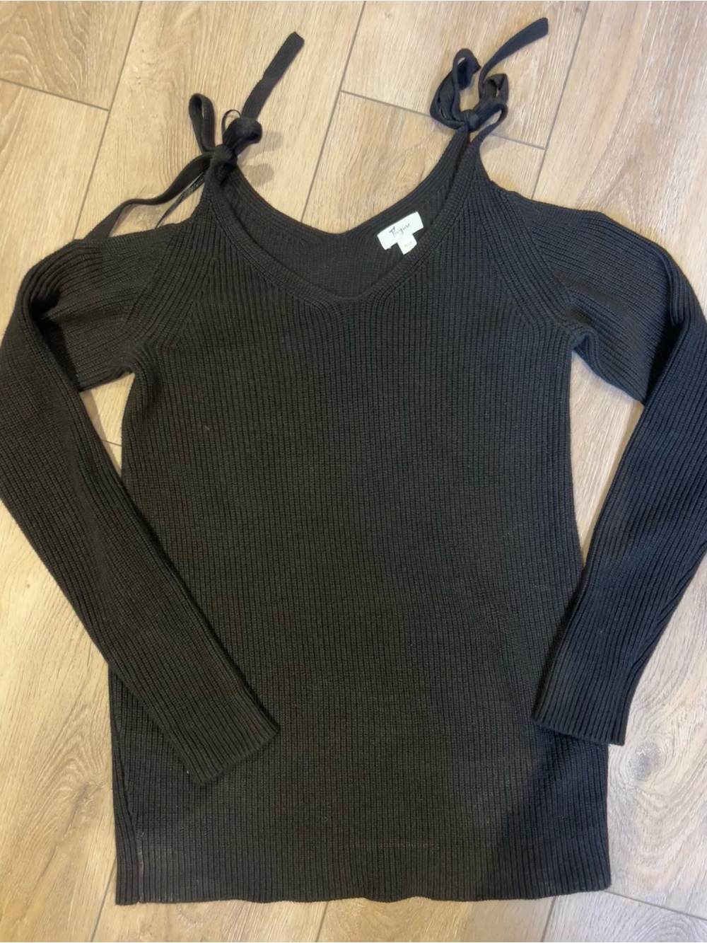 Maternity - Black Ribbed Cold Shoulder Knit Sweater with Tie Straps